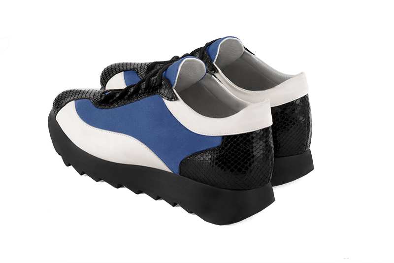 Satin black, electric blue and off white women's elegant sneakers. Round toe. Low rubber soles. Rear view - Florence KOOIJMAN